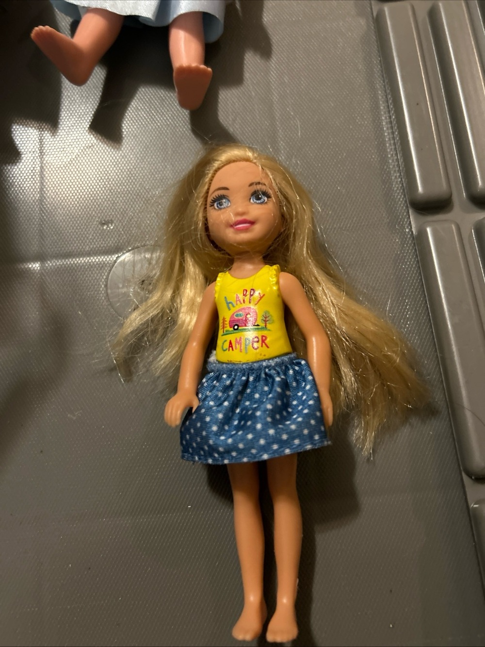 Mattel Blonde Fashion Doll in Yellow 'Happy Camper' Top and Blue Polka Dot Skirt